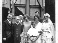 mel-n-Henry-weddingparty  Pop-Pop(Henry Gerard), Great Grandmother Trageser, Great Grand Father Parr, Pop-Pop's Sister, Aunt Marie, Uncle George(In front), Great Grandmother Parr, Father Bater (In back), and Mom-Mom (Melvina Catherine). Picture taken in back yard of Mom-Mom's parents home on Lafeyette Avenue in Baltimore