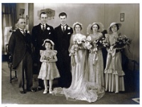 Norman-n-Helenbridalparty  Wedding of Helen Buck & Norman F Schrein. - 07 Apr 1934 Franklin Pierce Buck(Helen's father), Hap Pfolher(best man), Norm F Schrein(Groom), Helen Buck Schrein(bride), Tessie Earp(bridesmaid), Helen Blanchard(bridesmaid).  In front - Mary Helen Buck(Flower Girl)